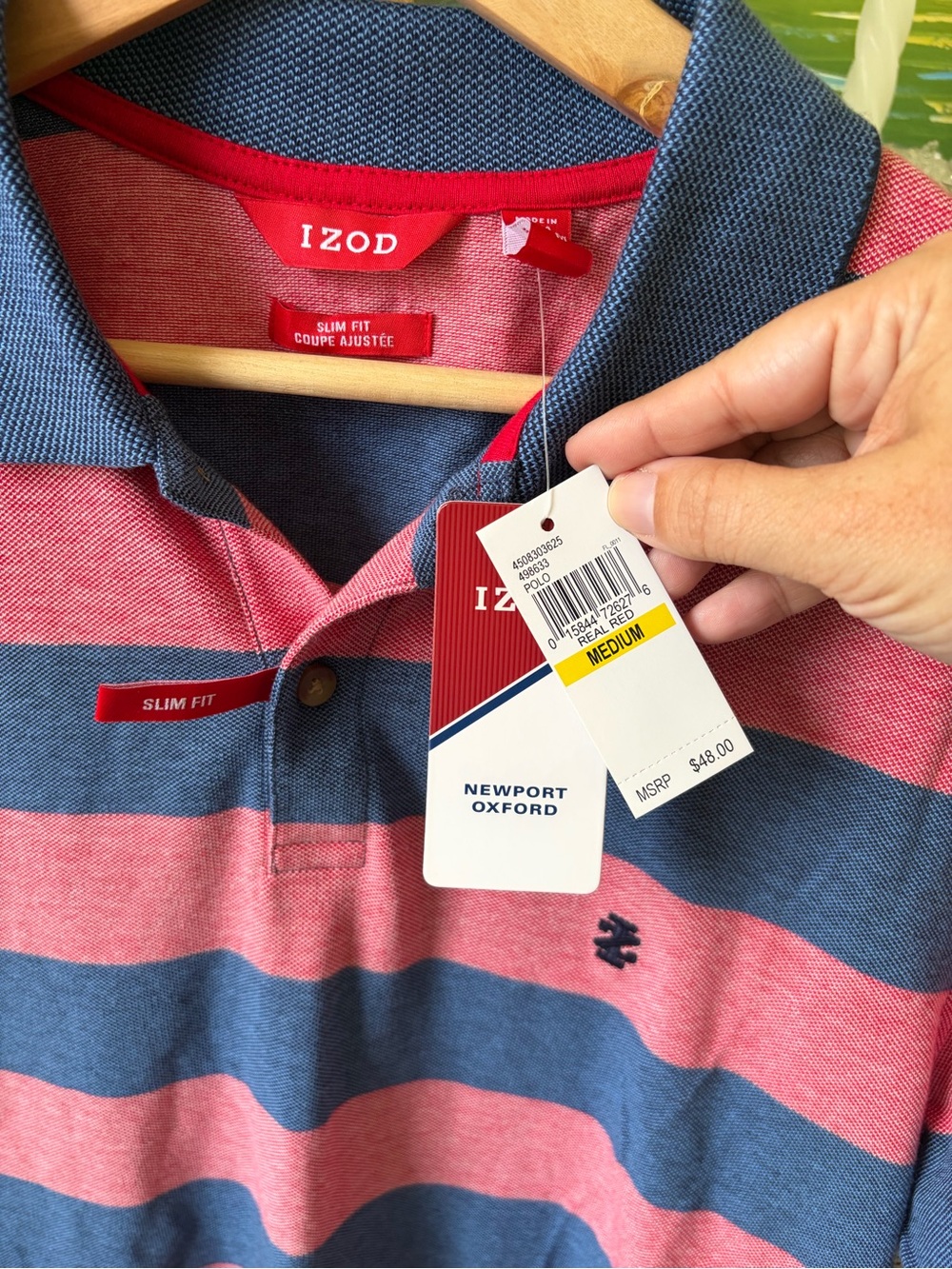 Izod Navy and Dusty Red(Pinkish) Wide-Stripe Polo Shirt-NEW WITH TAGS-00A